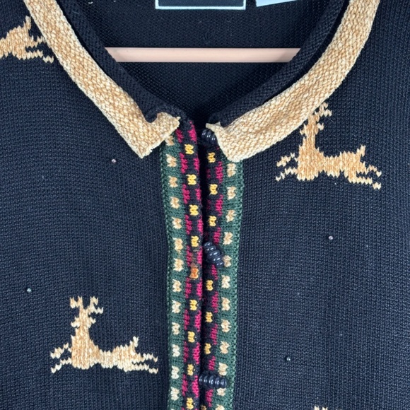 VTG 90s Christine Foley Christmas Cardigan Sweater 2 Black Reindeer Fair Isle - Picture 2 of 11